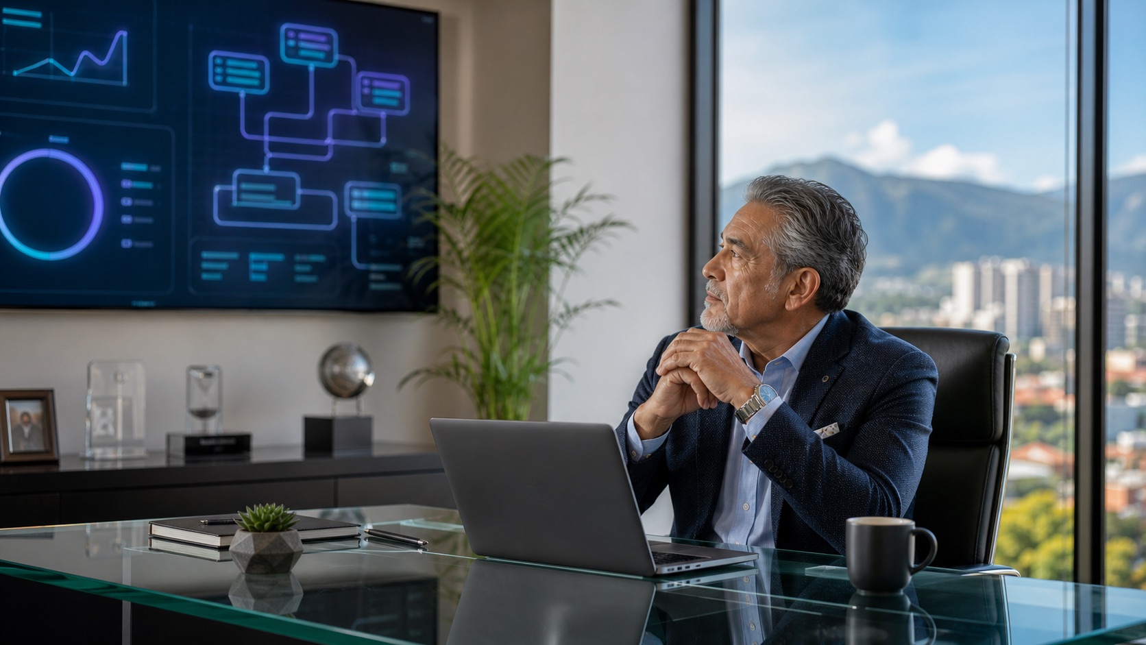 Dueño de negocio latino revisando procesos de inteligencia artificial en una oficina ejecutiva