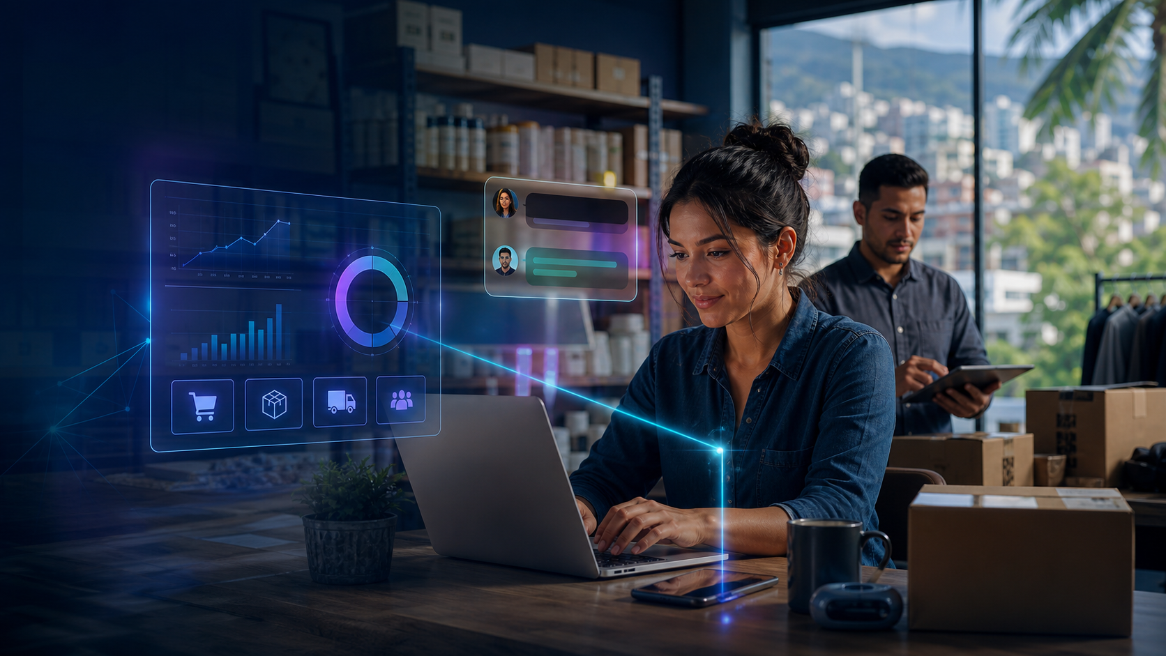 Equipo de comercio hondureño usando inteligencia artificial para ventas y pedidos en línea