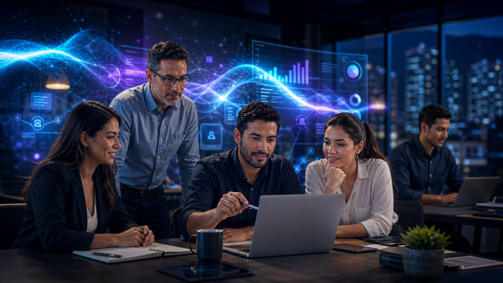 Equipo de una pequeña empresa usando inteligencia artificial como apoyo para crecer