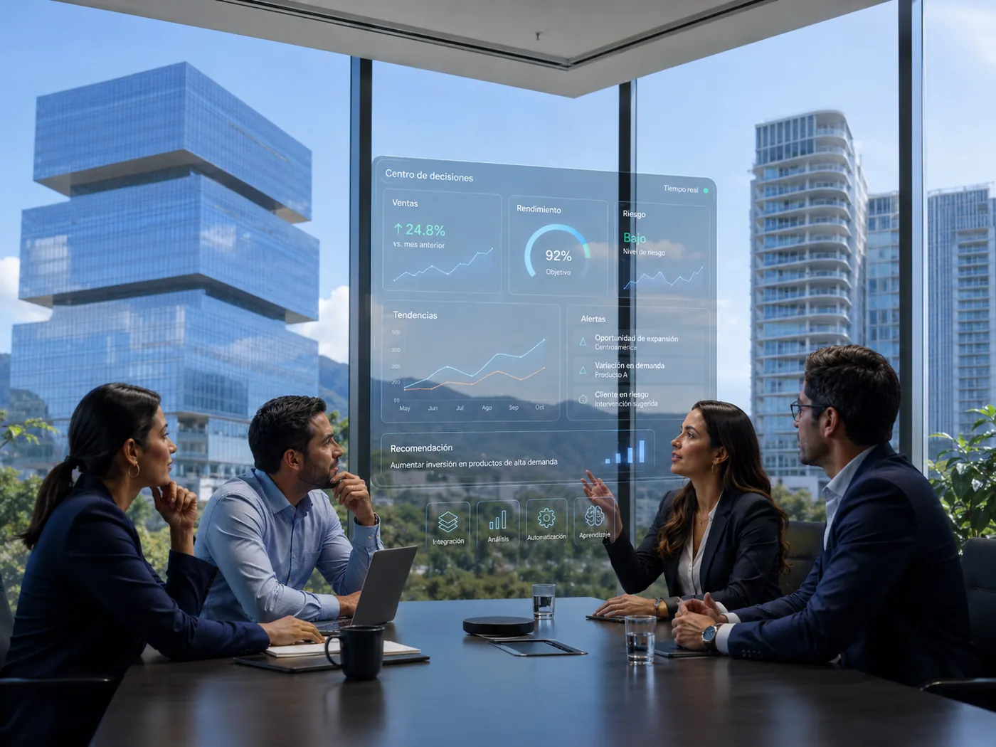 Equipo ejecutivo revisando análisis de inteligencia artificial en una sala de reuniones