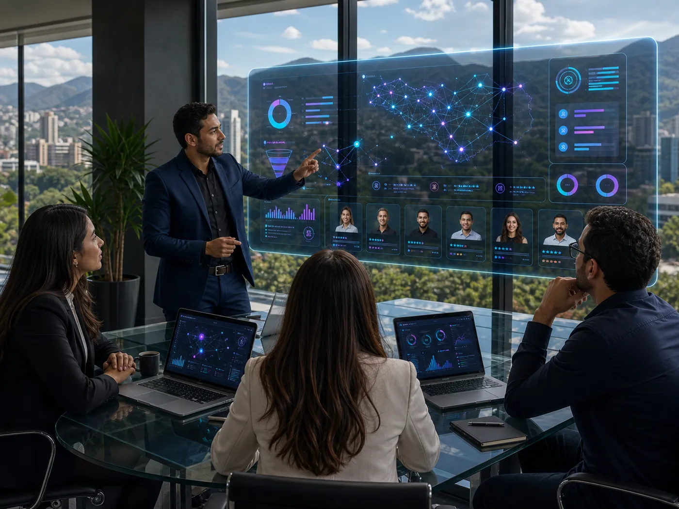 Equipo empresarial en Centroamérica revisando una estrategia de inteligencia artificial y selección de talento tecnológico
